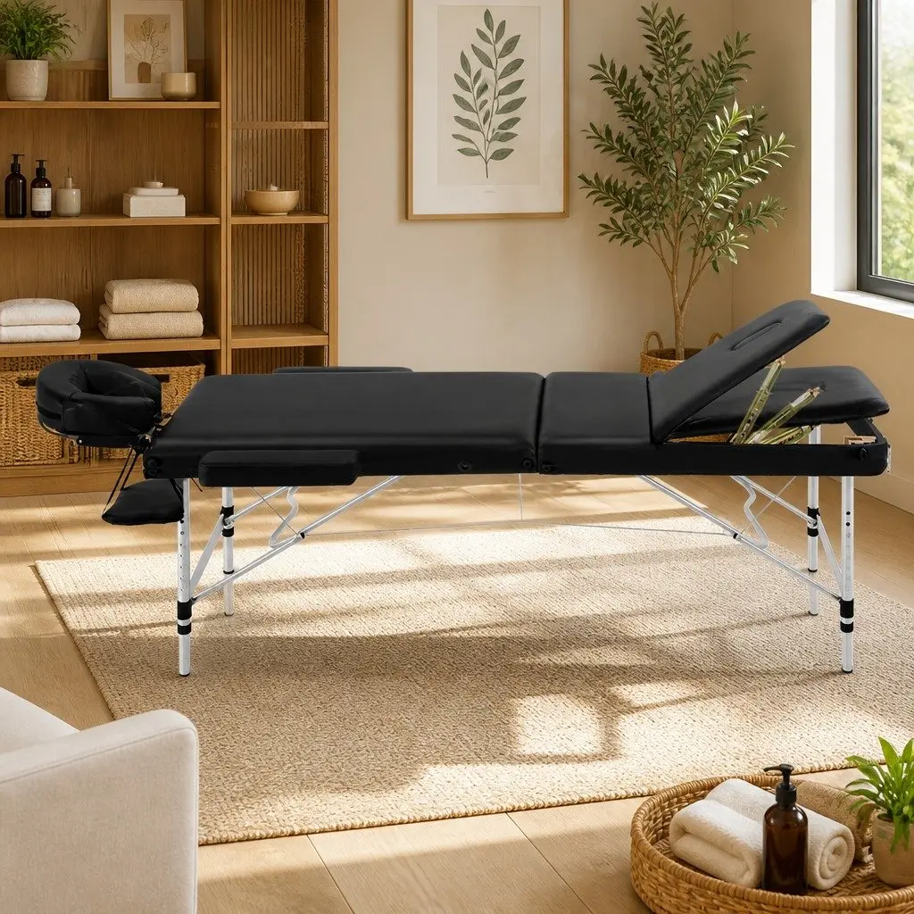 Massage Table 70cm Wide Portable 3 Fold Aluminium Beauty Therapy Bed Black