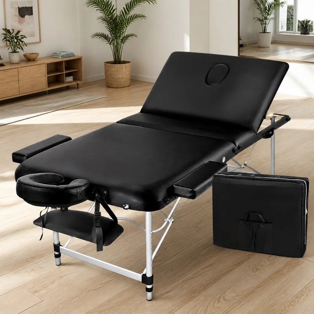 Massage Table Black 80cm Portable 3 Fold Aluminium High Density Foam