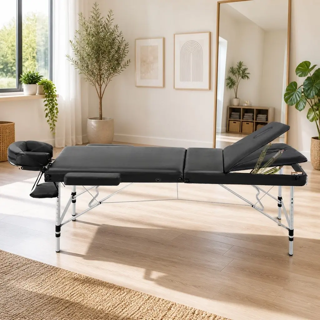 Massage Table Black 80cm Portable 3 Fold Aluminium High Density Foam