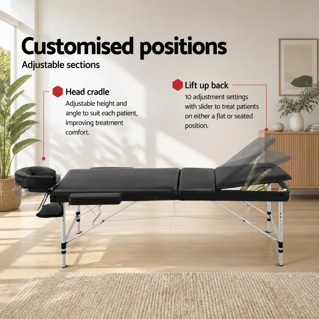 Massage Table Black 80cm Portable 3 Fold Aluminium High Density Foam