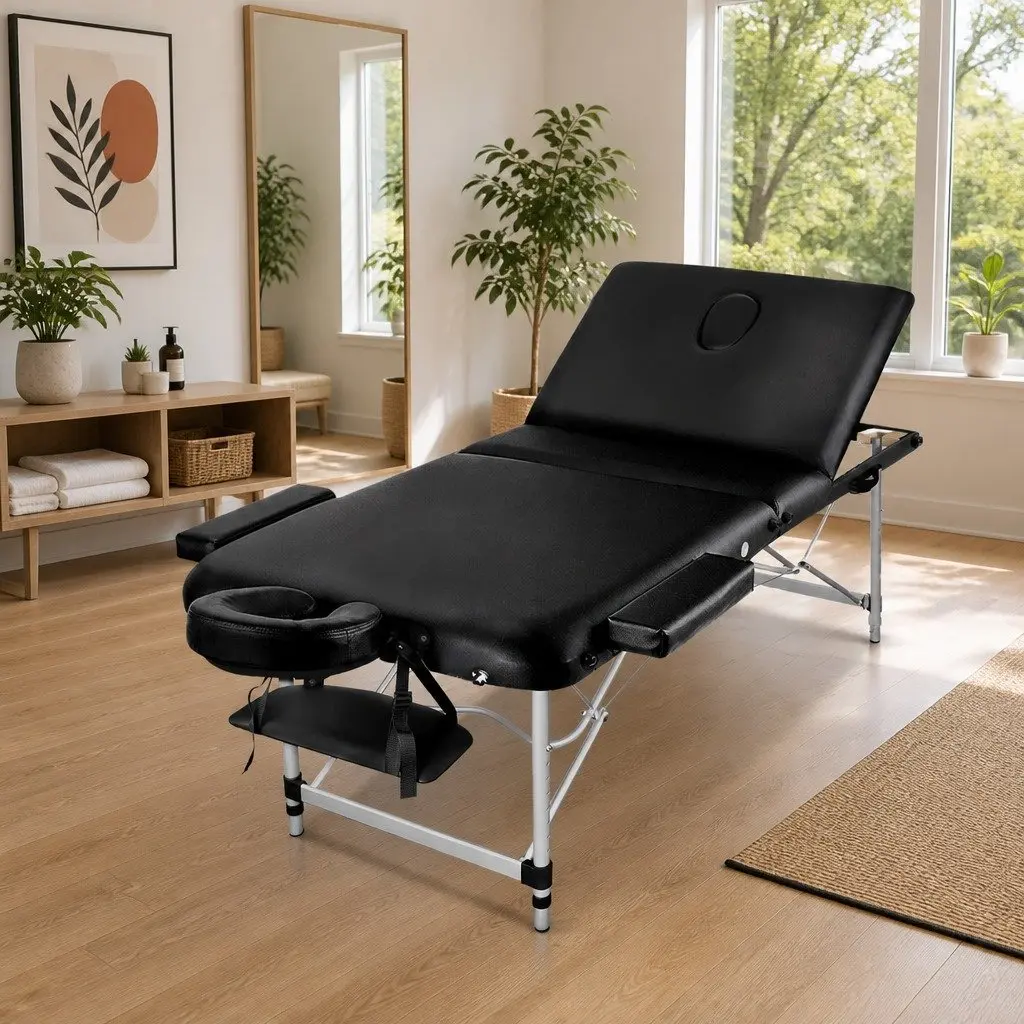 Massage Table Black 80cm Portable 3 Fold Aluminium High Density Foam