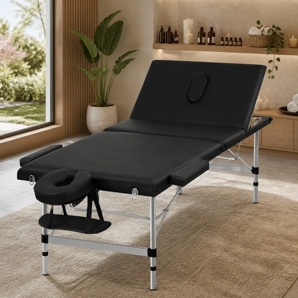 Massage Table Black 85cm Portable 3 Fold Aluminium Professional with Adjustable Heights and Removable Head Cradle