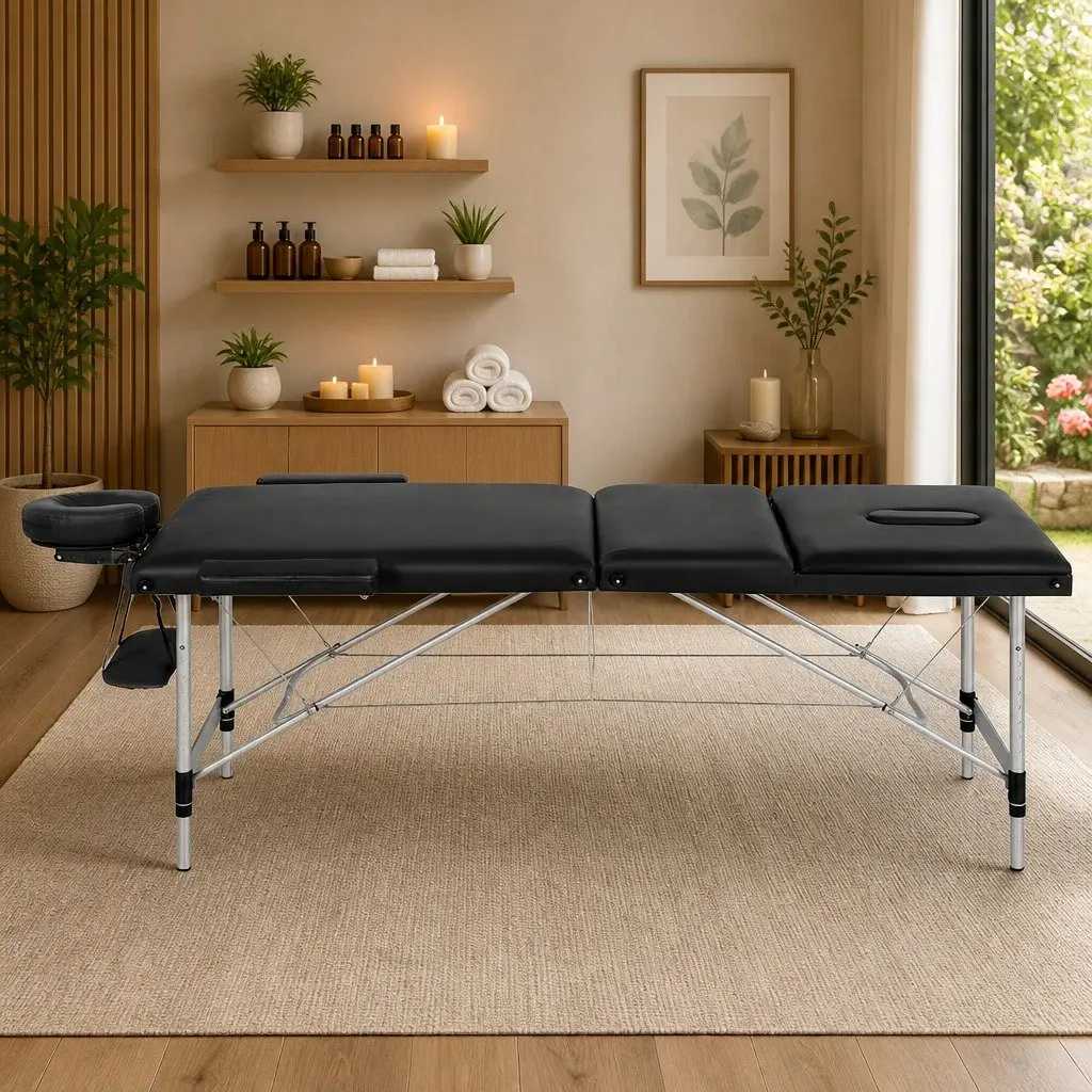 Massage Table Black 85cm Portable 3 Fold Aluminium Professional with Adjustable Heights and Removable Head Cradle