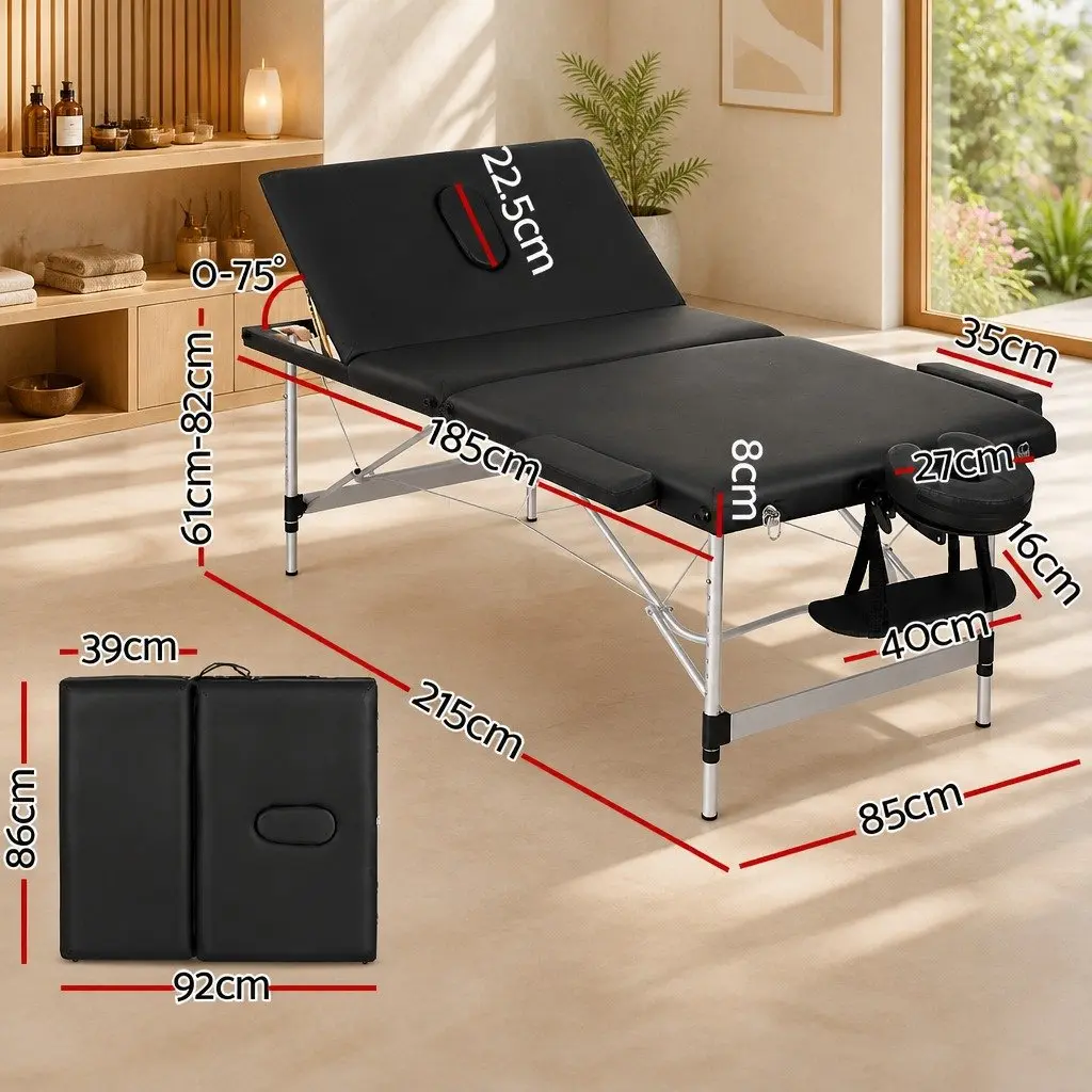 Massage Table Black 85cm Portable 3 Fold Aluminium Professional with Adjustable Heights and Removable Head Cradle