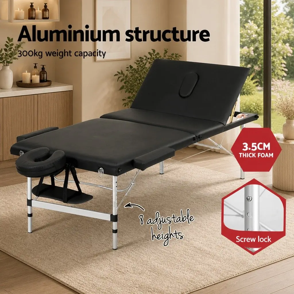 Massage Table Black 85cm Portable 3 Fold Aluminium Professional with Adjustable Heights and Removable Head Cradle