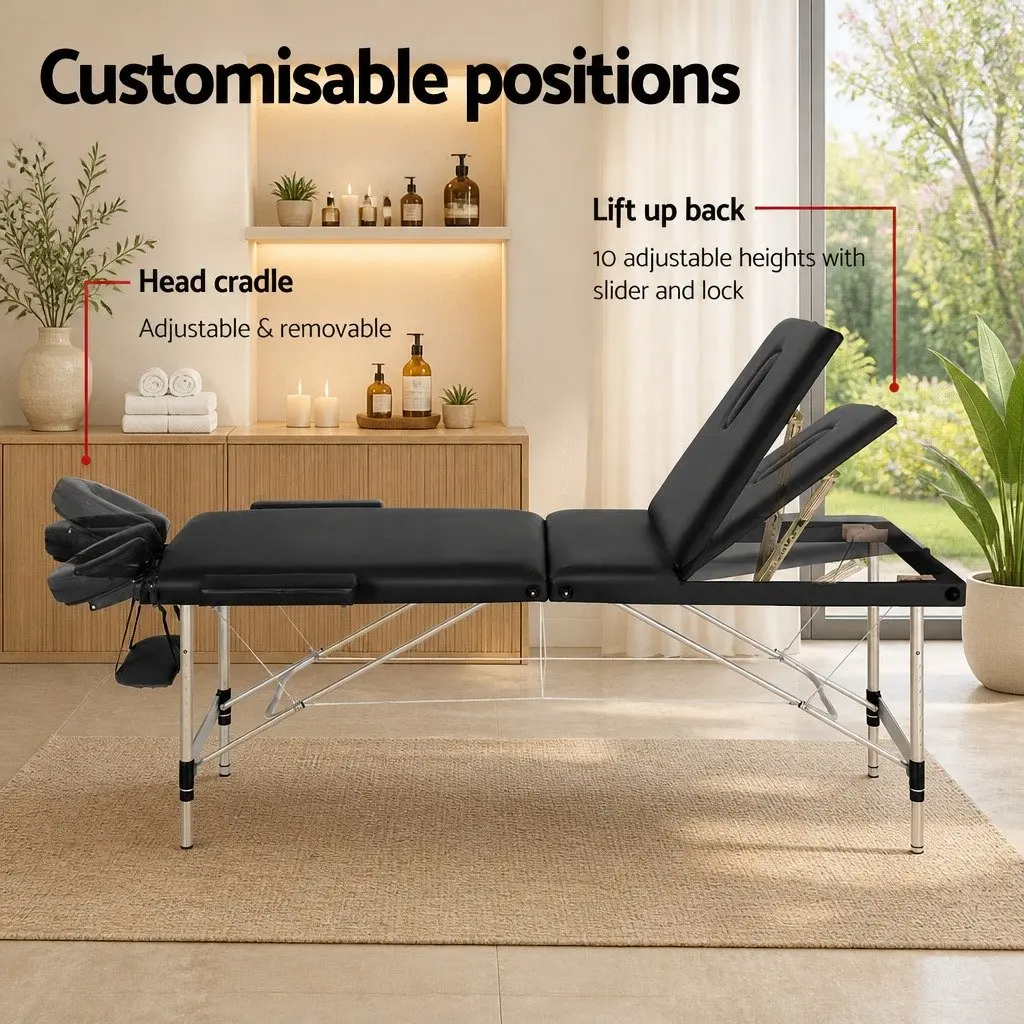 Massage Table Black 85cm Portable 3 Fold Aluminium Professional with Adjustable Heights and Removable Head Cradle