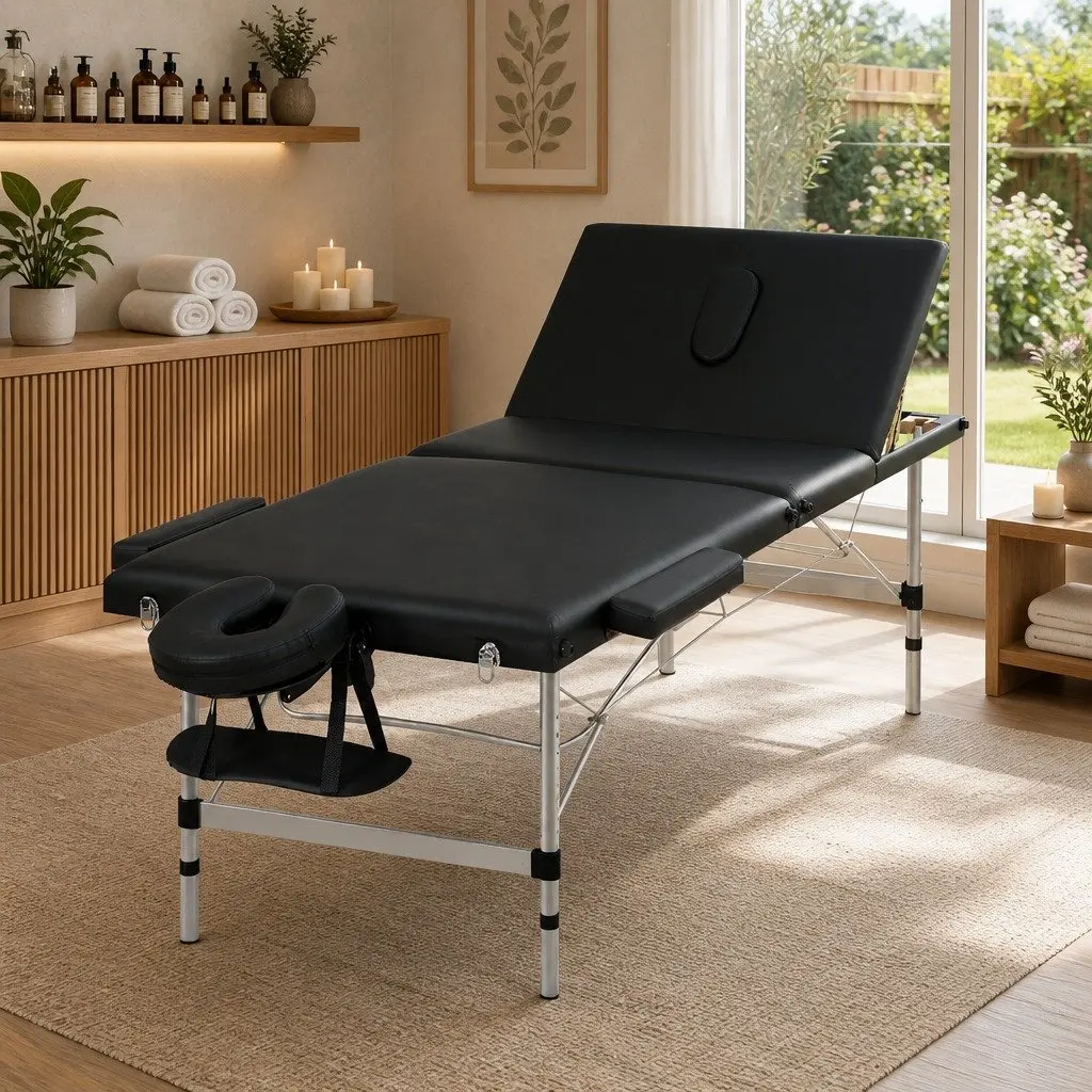 Massage Table Black 85cm Portable 3 Fold Aluminium Professional with Adjustable Heights and Removable Head Cradle
