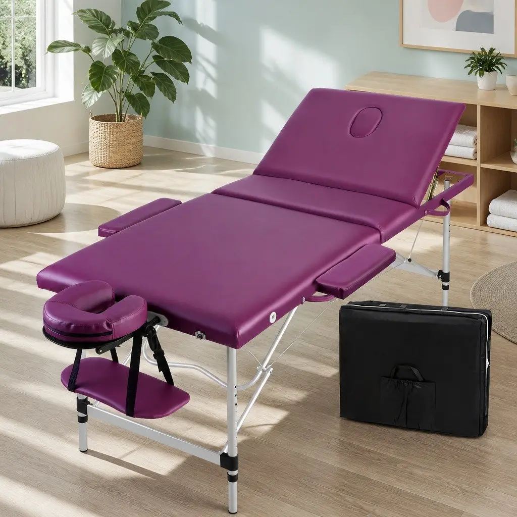 Portable Massage Table Violet 75cm Wide Aluminium 3 Fold with Adjustable Heights and Removable Face Cradle