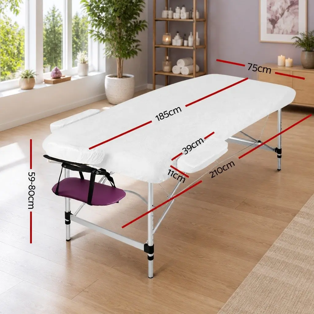 Portable Massage Table Violet 75cm Wide Aluminium 3 Fold with Adjustable Heights and Removable Face Cradle
