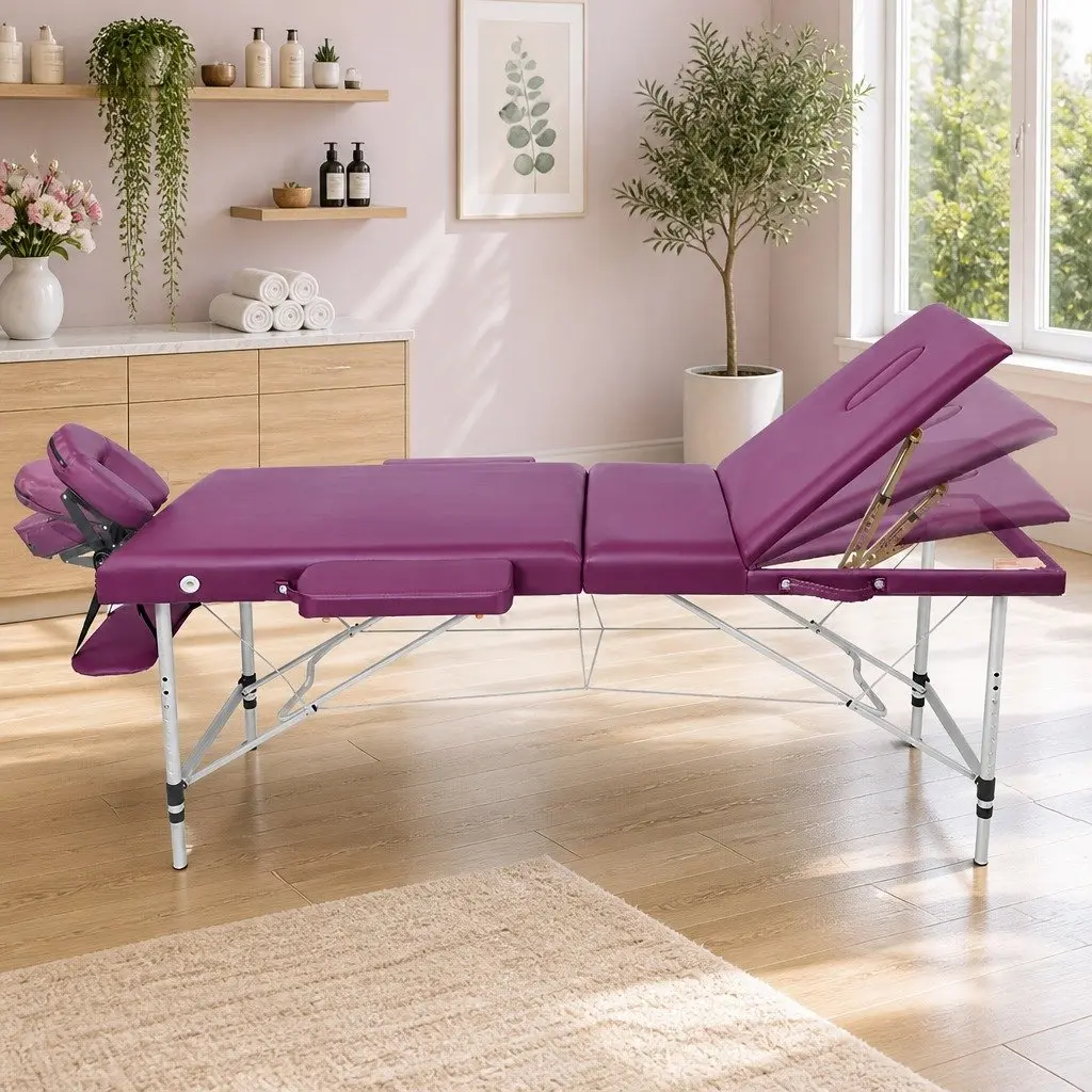 Portable Massage Table Violet 75cm Wide Aluminium 3 Fold with Adjustable Heights and Removable Face Cradle