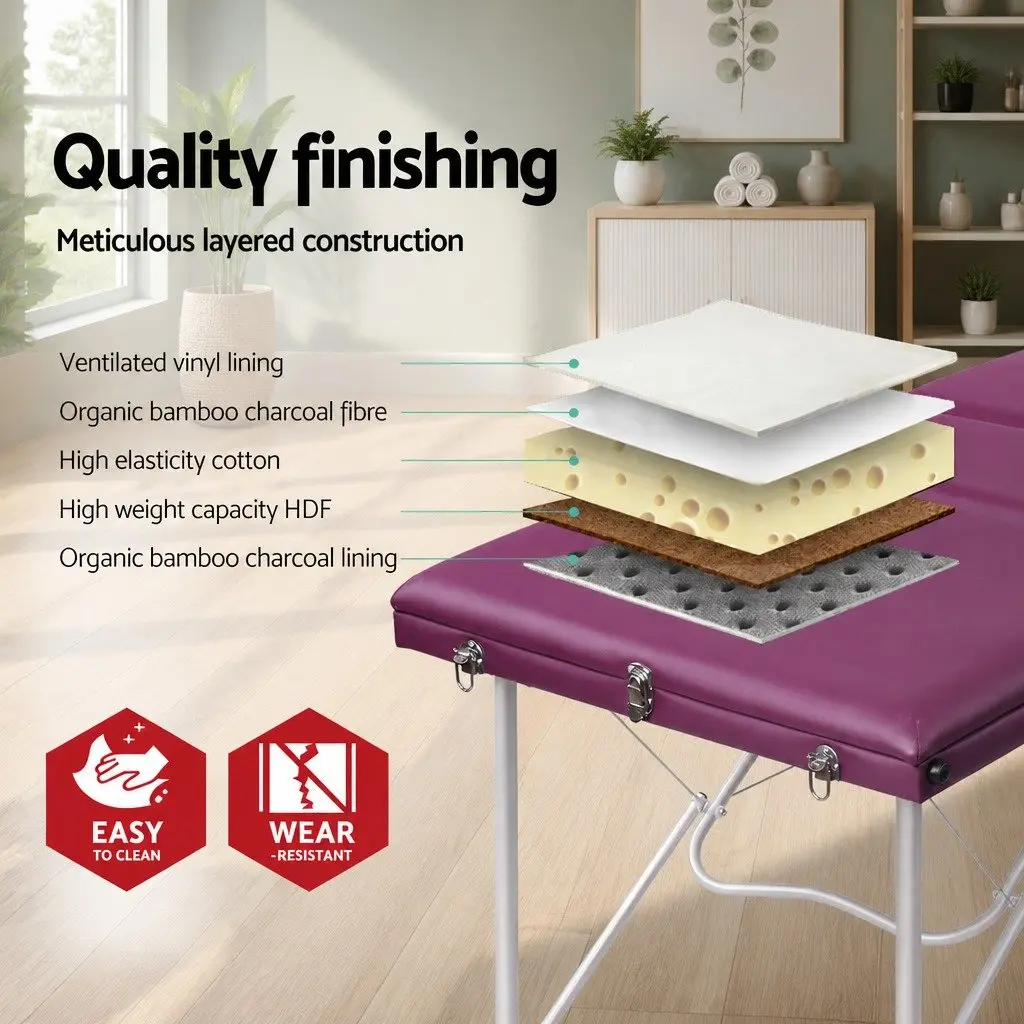 Portable Massage Table Violet 75cm Wide Aluminium 3 Fold with Adjustable Heights and Removable Face Cradle