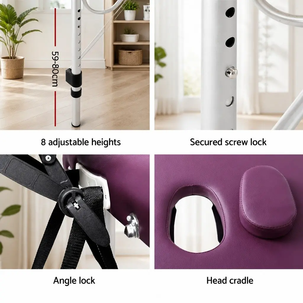 Portable Massage Table Violet 75cm Wide Aluminium 3 Fold with Adjustable Heights and Removable Face Cradle