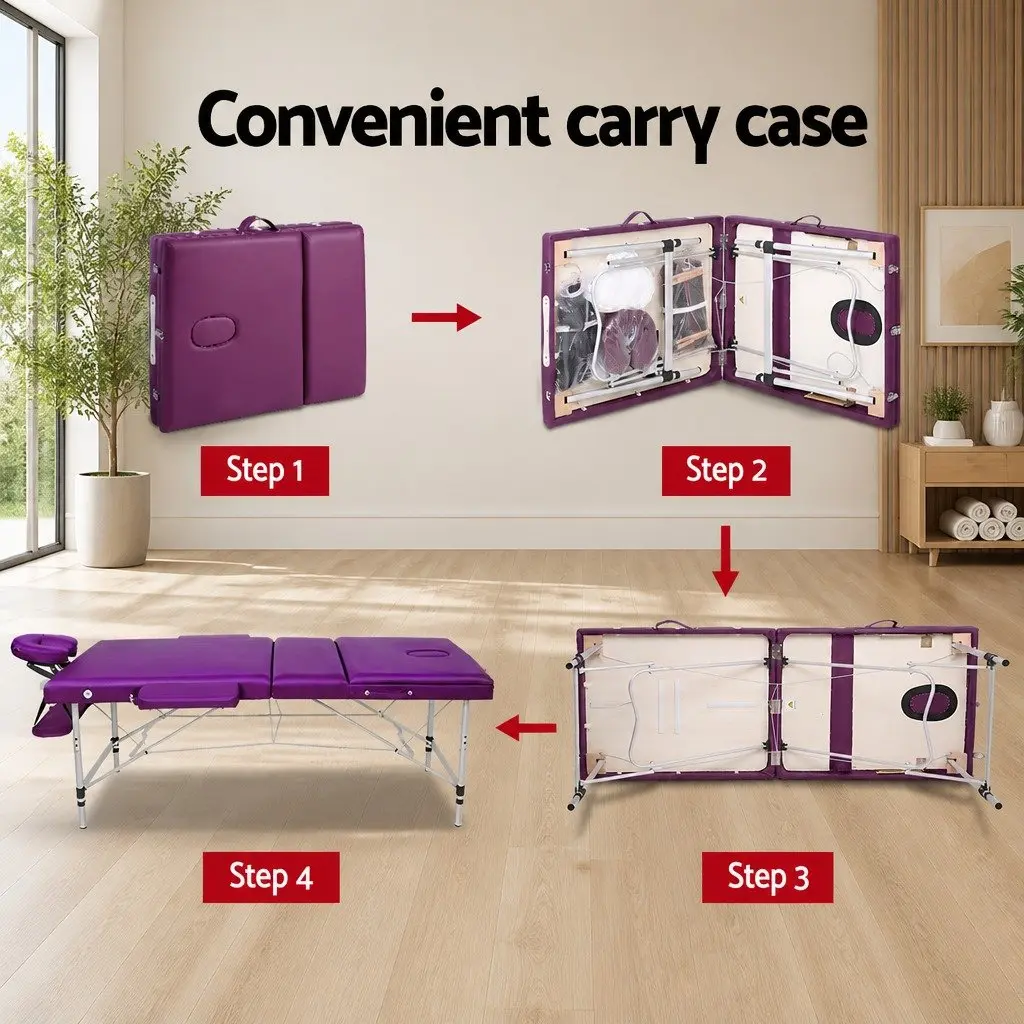 Portable Massage Table Violet 75cm Wide Aluminium 3 Fold with Adjustable Heights and Removable Face Cradle