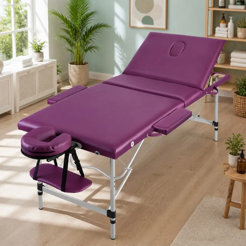 Portable Massage Table Violet 75cm Wide Aluminium 3 Fold with Adjustable Heights and Removable Face Cradle