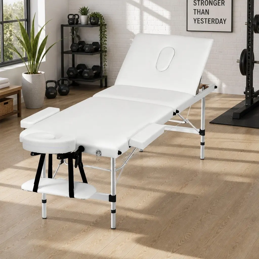 Massage Table White 65cm Portable 3 Fold Adjustable Aluminium Frame