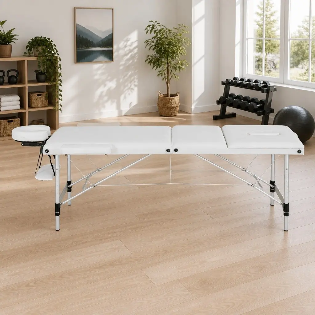 Massage Table White 65cm Portable 3 Fold Adjustable Aluminium Frame