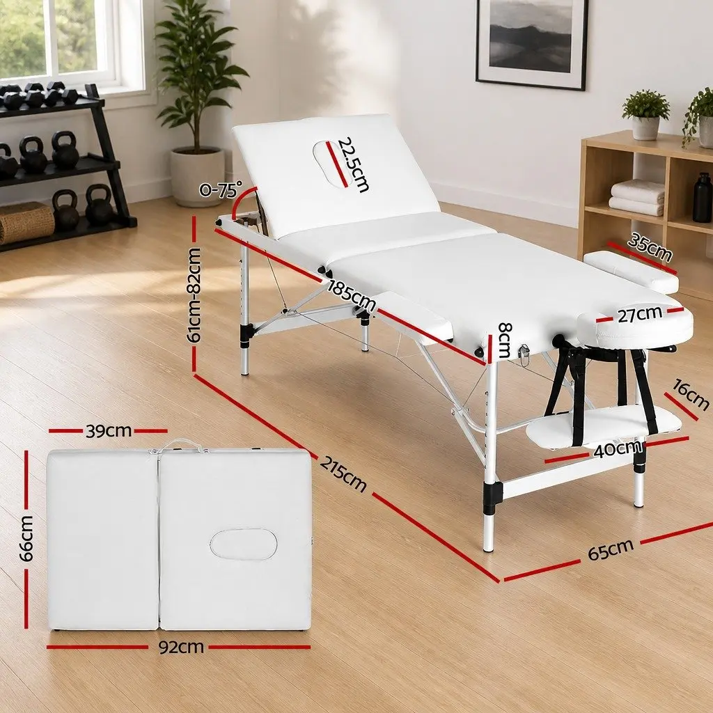 Massage Table White 65cm Portable 3 Fold Adjustable Aluminium Frame