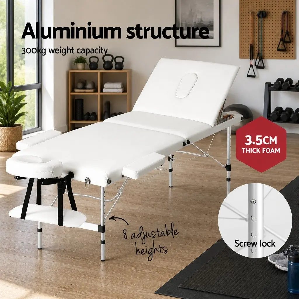 Massage Table White 65cm Portable 3 Fold Adjustable Aluminium Frame