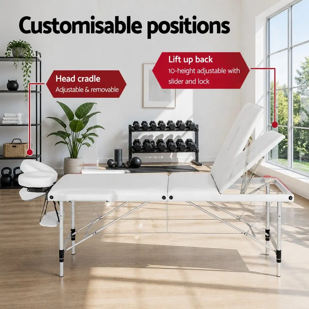 Massage Table White 65cm Portable 3 Fold Adjustable Aluminium Frame