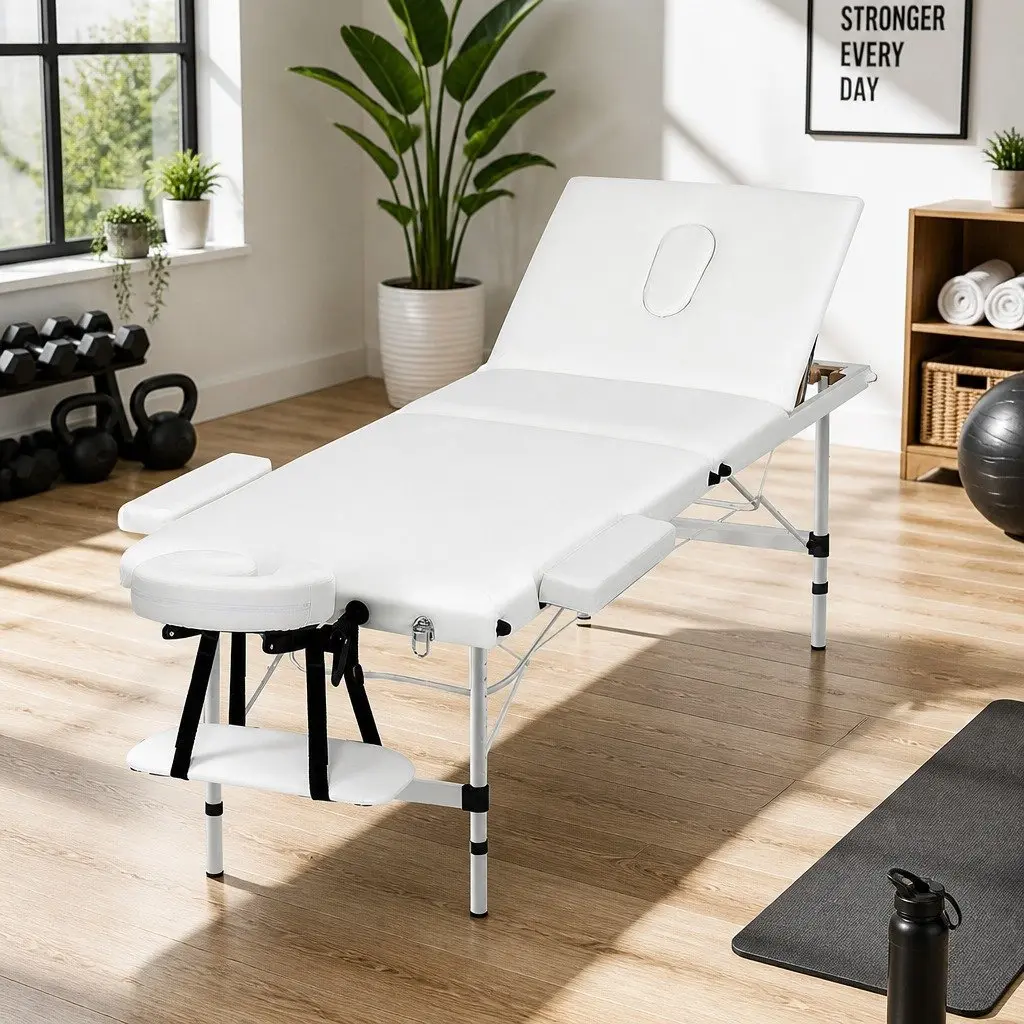 Massage Table White 65cm Portable 3 Fold Adjustable Aluminium Frame