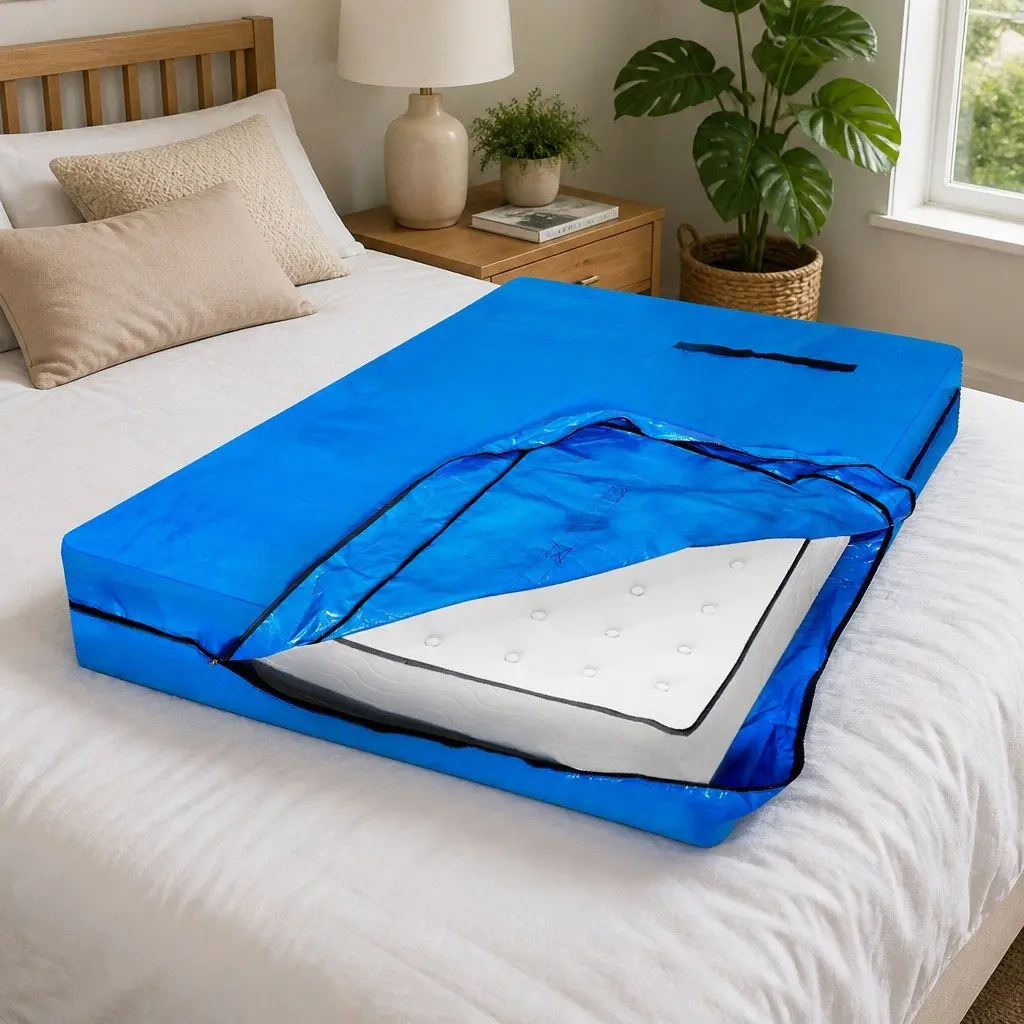 Mattress Bag Protector Blue Double Unzip Heavy-duty Plastic with Carry Handles