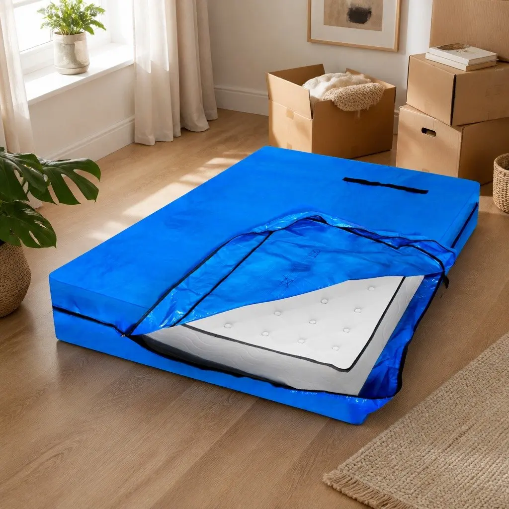 Mattress Bag Protector Blue Double Unzip Heavy-duty Plastic with Carry Handles