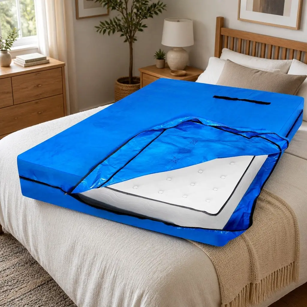 Mattress Bag Protector Blue King Heavy-Duty Plastic Storage Cover with Zip Handles Tear-Resistant