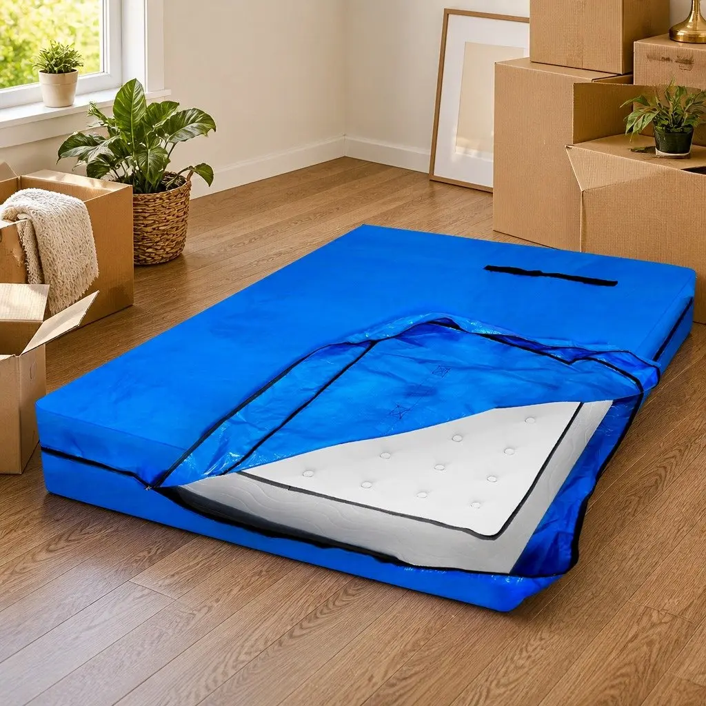 Mattress Bag Protector Blue King Heavy-Duty Plastic Storage Cover with Zip Handles Tear-Resistant