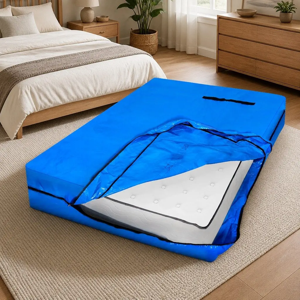 Mattress Storage Bag Blue Single Heavy-duty PE Tarp with Carry Handles and Zip Closure