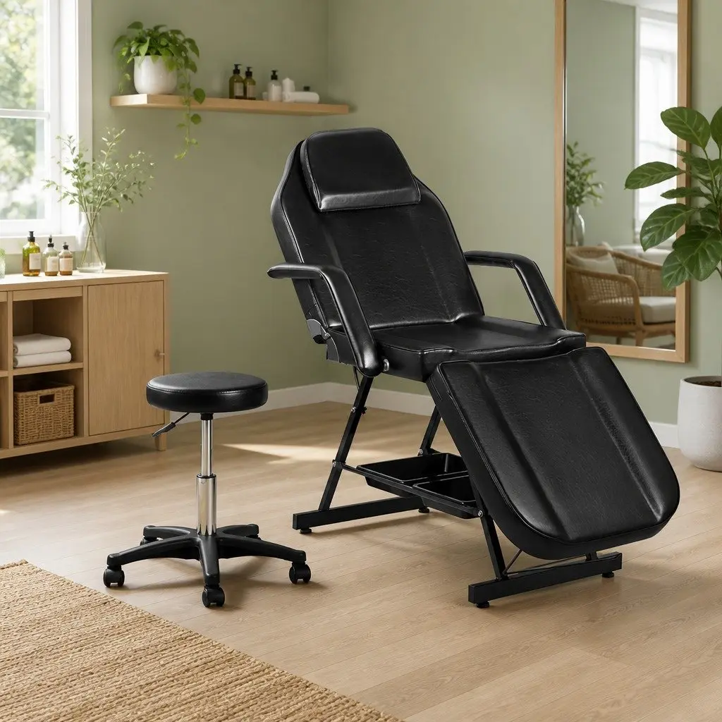 Massage Table Black Adjustable 3-Fold with Stool Face Cradle Headrest