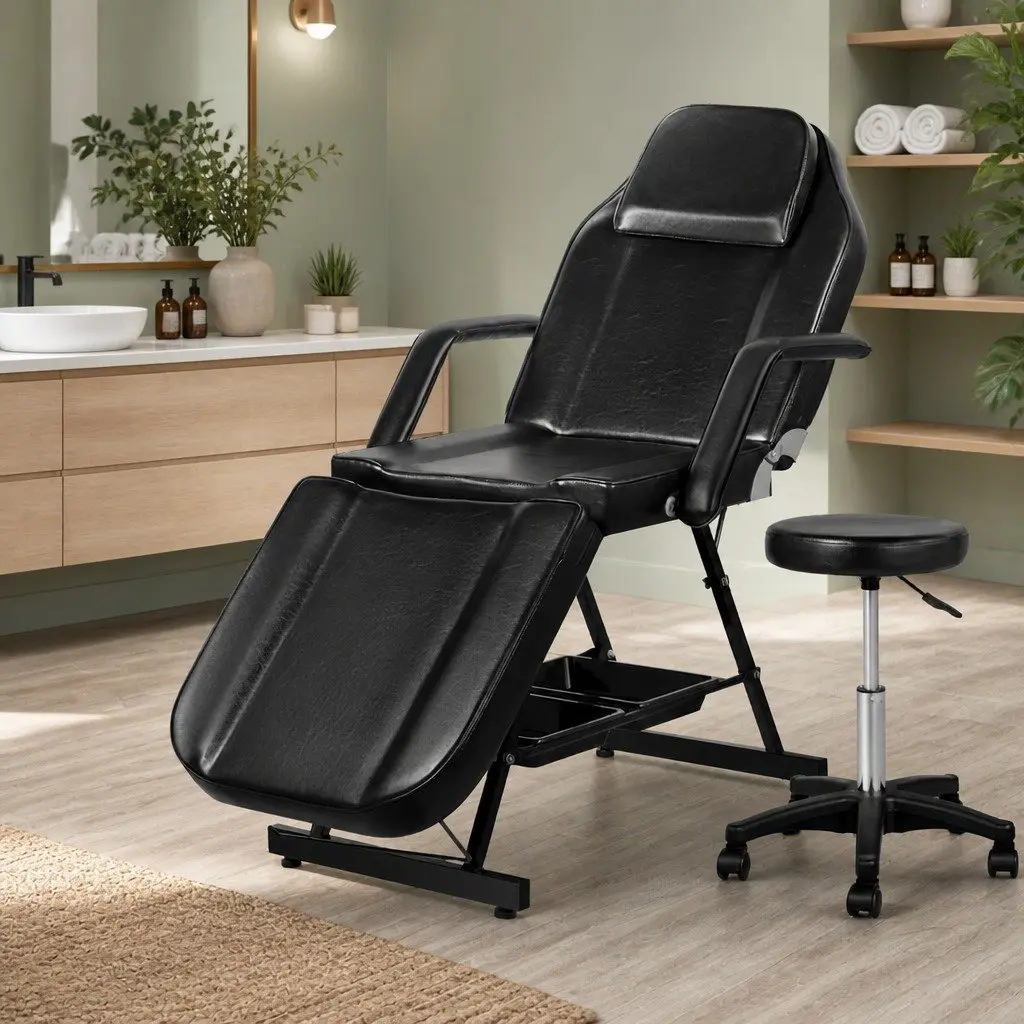 Massage Table Black Adjustable 3-Fold with Stool Face Cradle Headrest