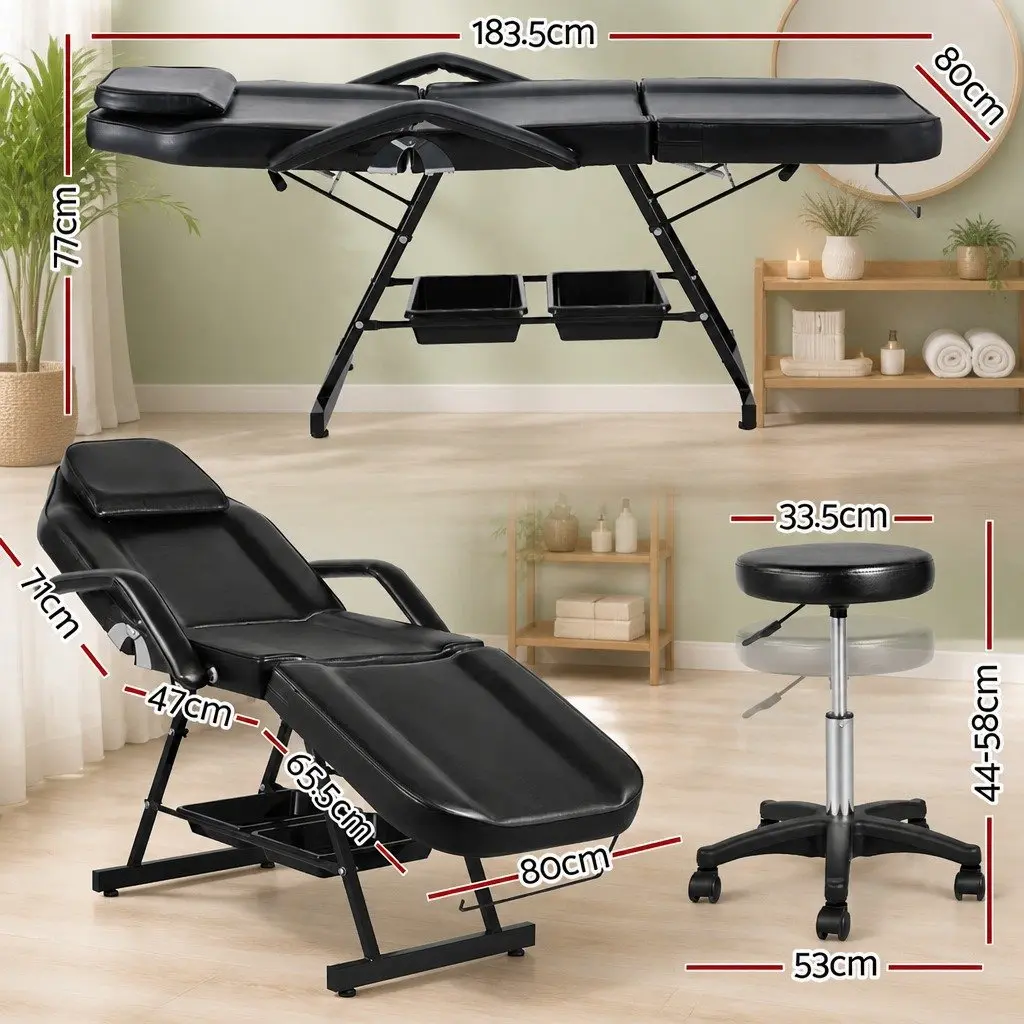 Massage Table Black Adjustable 3-Fold with Stool Face Cradle Headrest