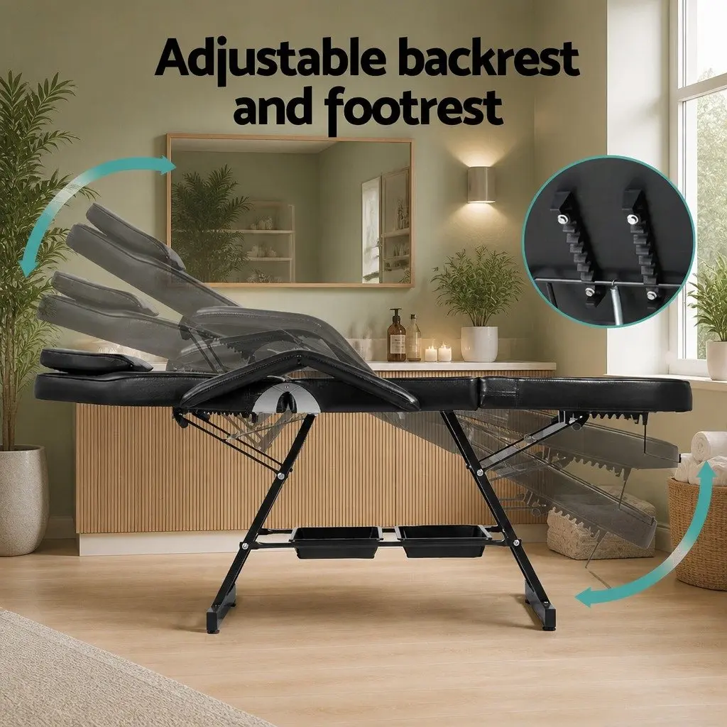 Massage Table Black Adjustable 3-Fold with Stool Face Cradle Headrest