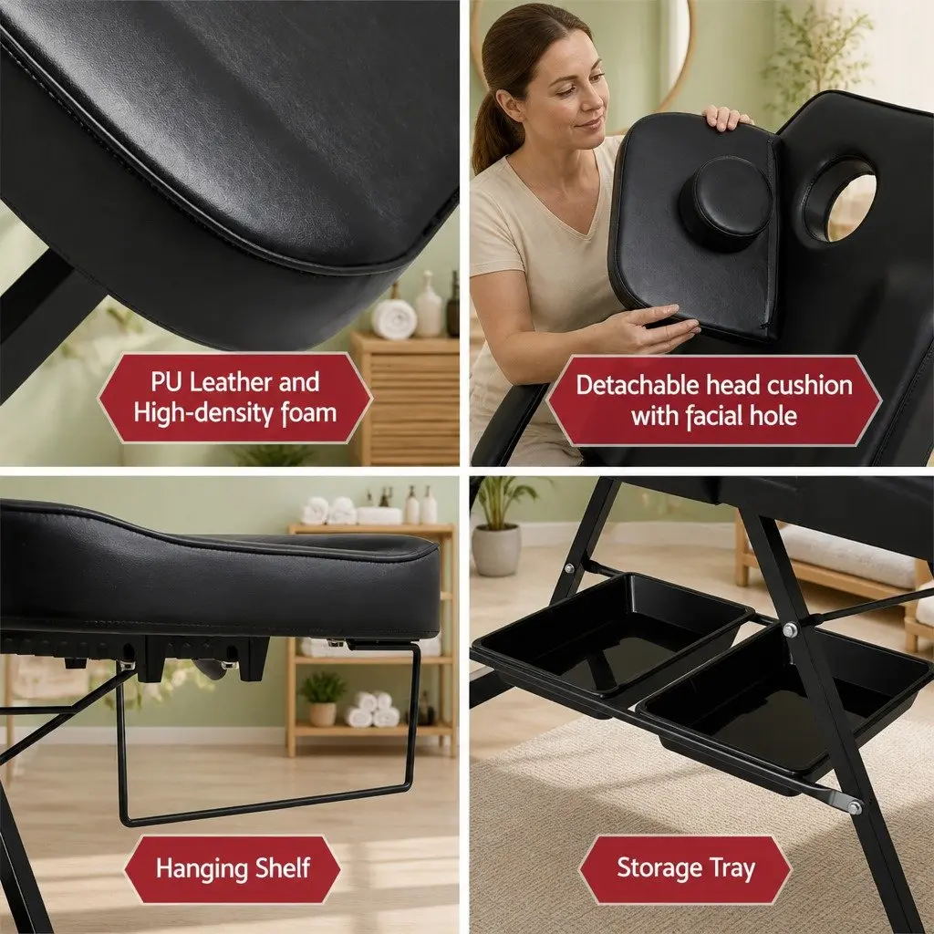 Massage Table Black Adjustable 3-Fold with Stool Face Cradle Headrest