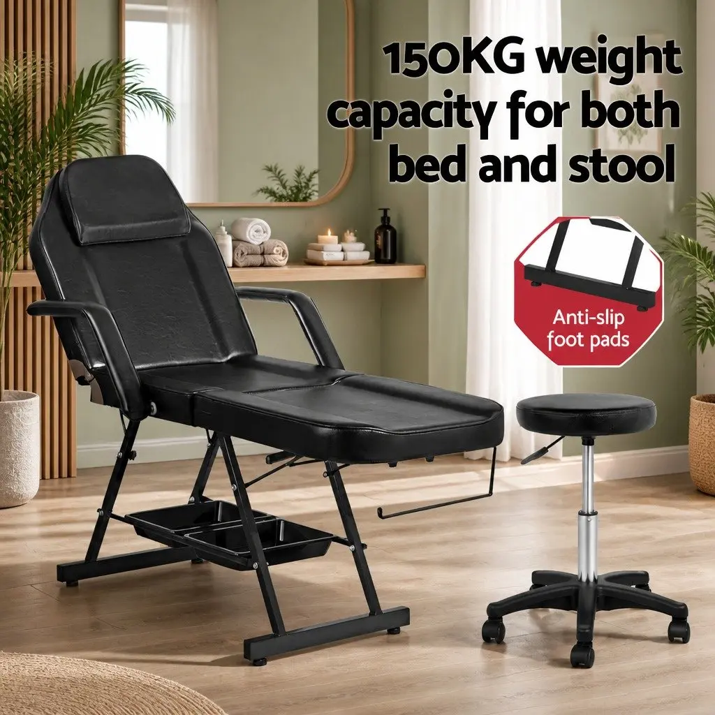Massage Table Black Adjustable 3-Fold with Stool Face Cradle Headrest