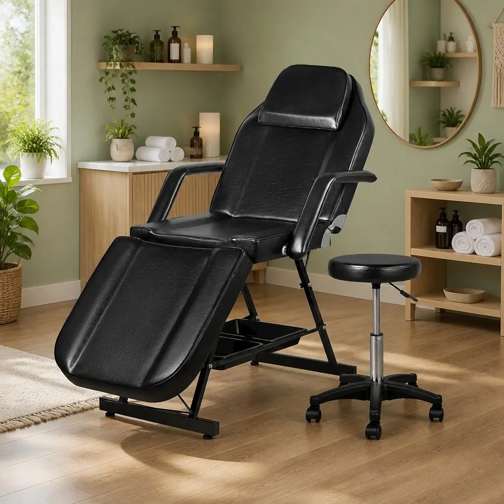 Massage Table Black Adjustable 3-Fold with Stool Face Cradle Headrest