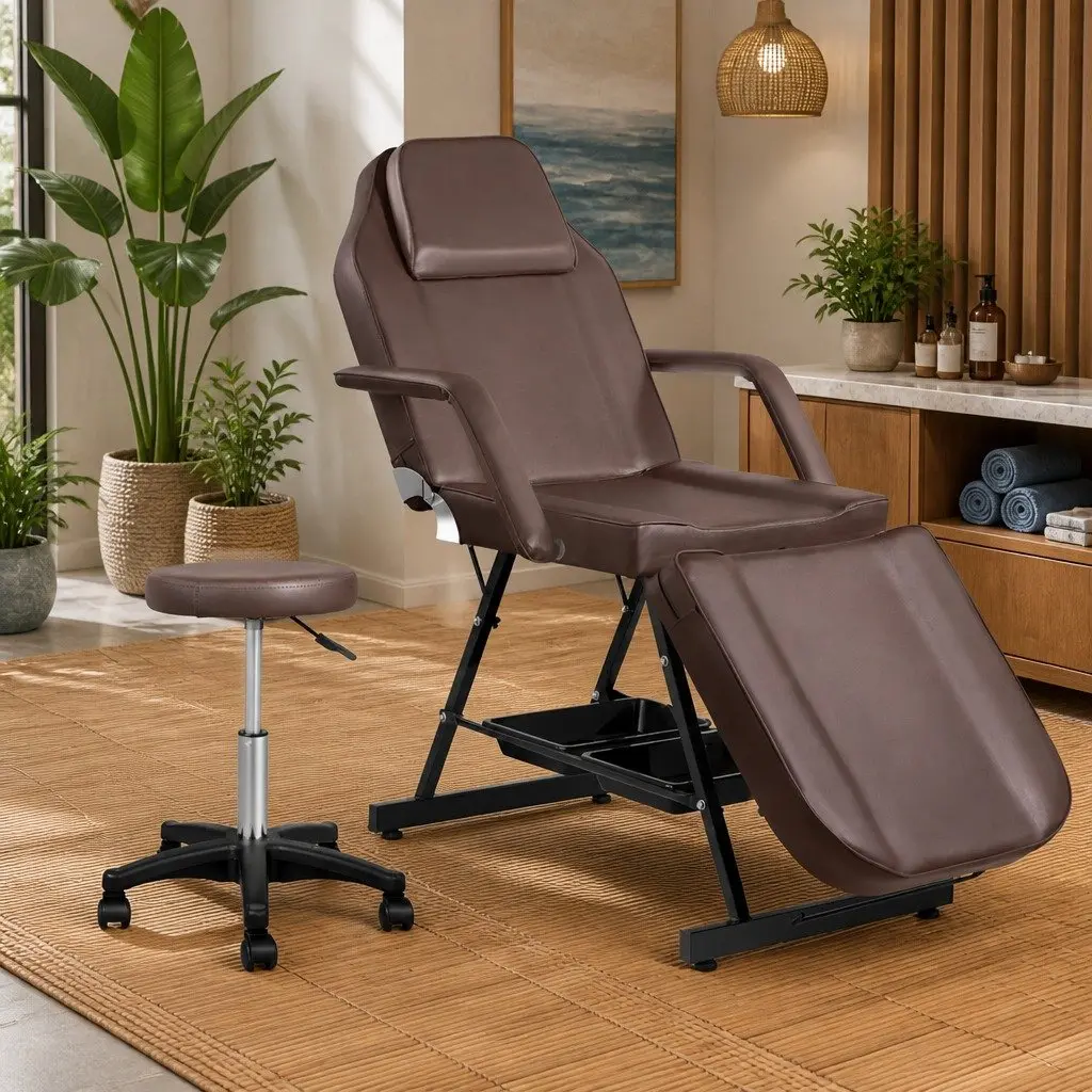 Massage Table Brown 3-Fold Adjustable Portable Therapy Couch