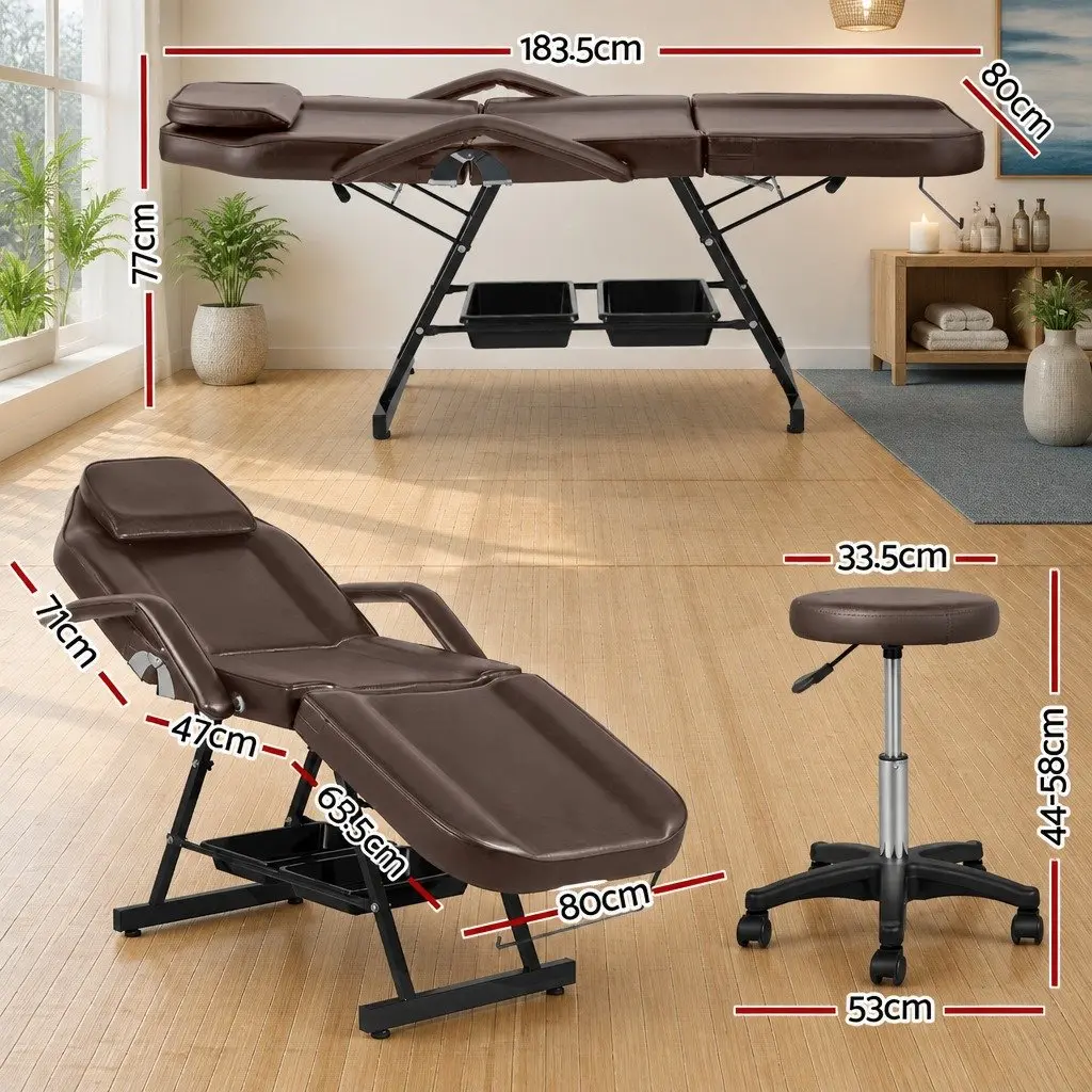 Massage Table Brown 3-Fold Adjustable Portable Therapy Couch
