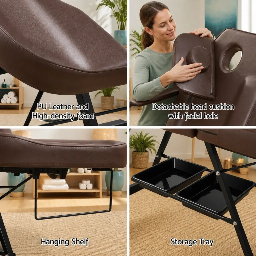Massage Table Brown 3-Fold Adjustable Portable Therapy Couch
