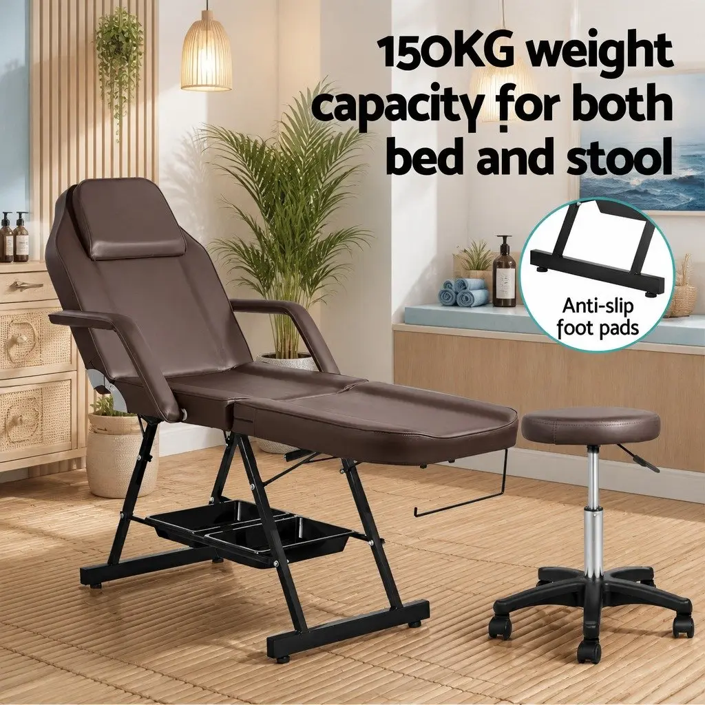 Massage Table Brown 3-Fold Adjustable Portable Therapy Couch