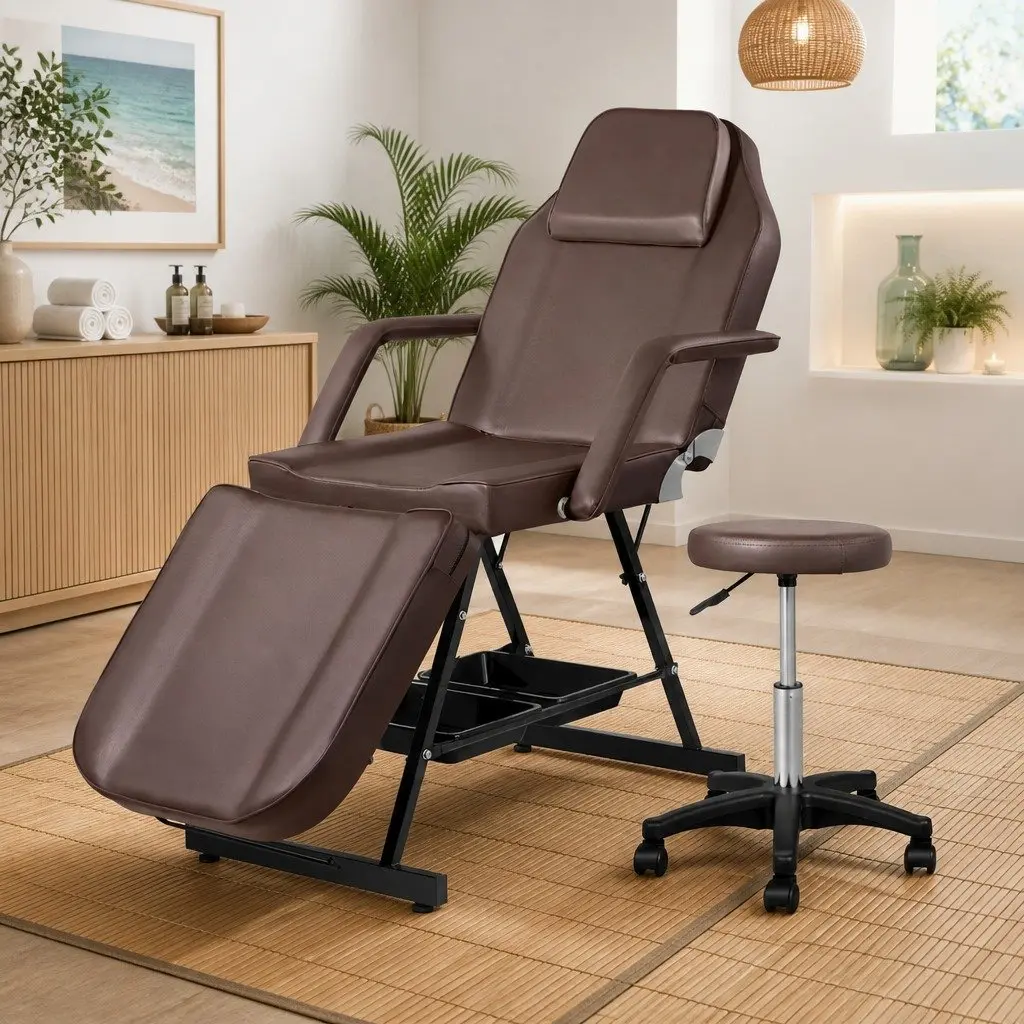 Massage Table Brown 3-Fold Adjustable Portable Therapy Couch