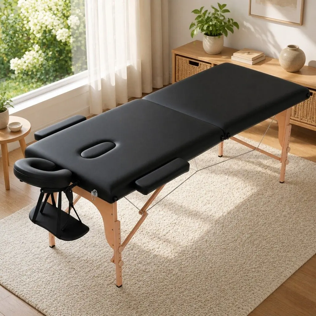 Portable Massage Table Black 70cm 2 Fold Wooden High Density Foam Padding Adjustable Heights