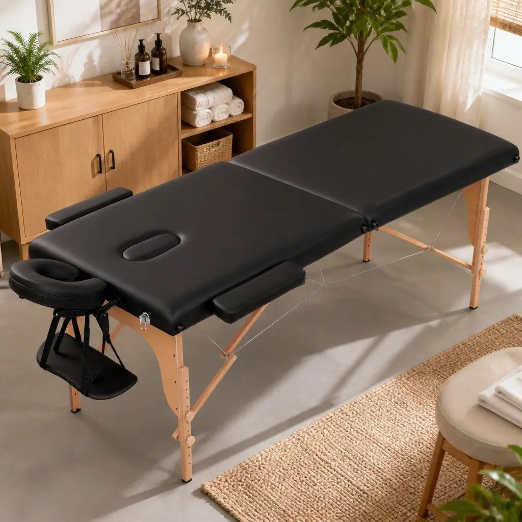 Portable Massage Table Black 70cm 2 Fold Wooden High Density Foam Padding Adjustable Heights