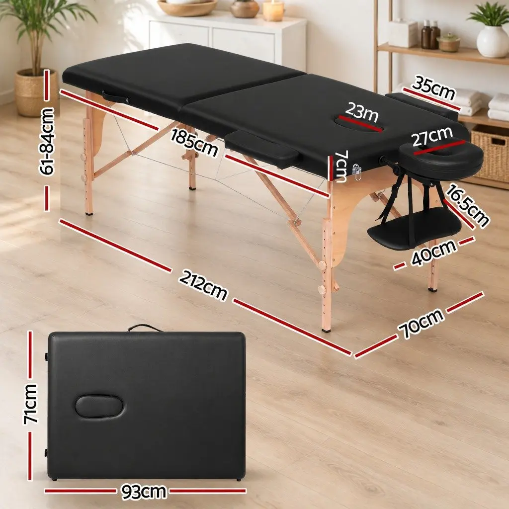 Portable Massage Table Black 70cm 2 Fold Wooden High Density Foam Padding Adjustable Heights
