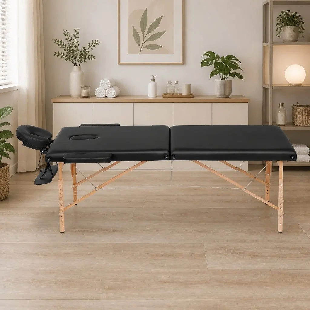Portable Massage Table Black 70cm 2 Fold Wooden High Density Foam Padding Adjustable Heights