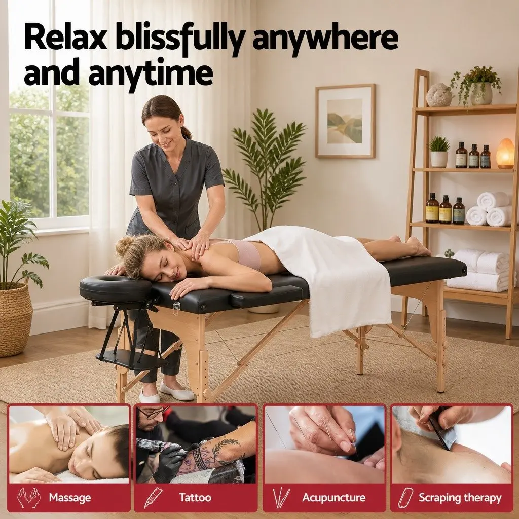 Portable Massage Table Black 70cm 2 Fold Wooden High Density Foam Padding Adjustable Heights