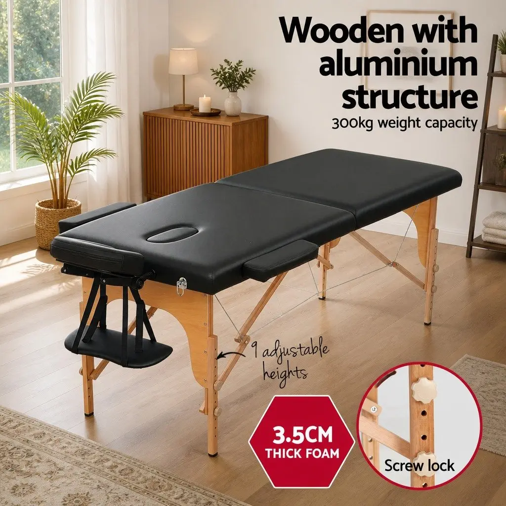 Portable Massage Table Black 70cm 2 Fold Wooden High Density Foam Padding Adjustable Heights