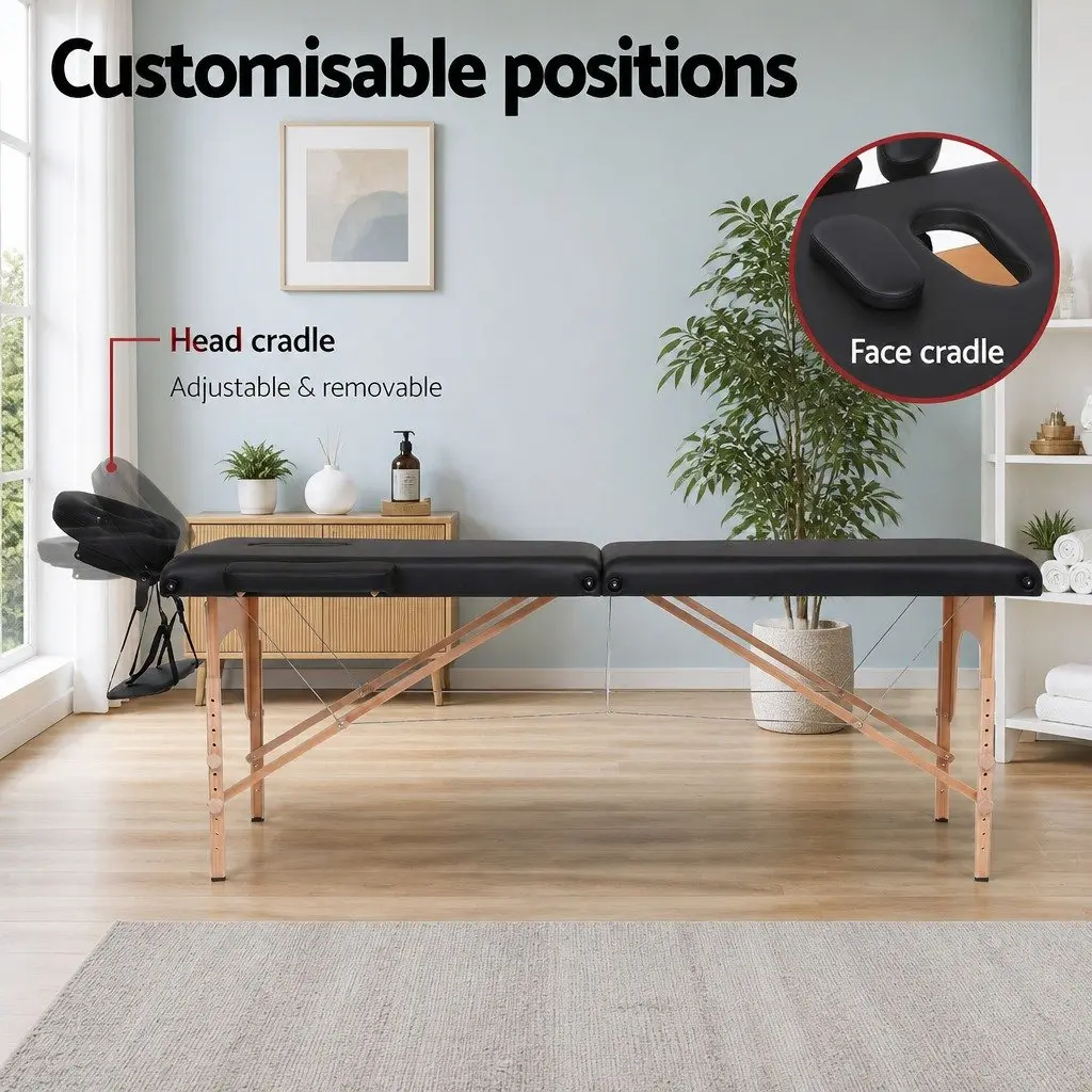Portable Massage Table Black 70cm 2 Fold Wooden High Density Foam Padding Adjustable Heights