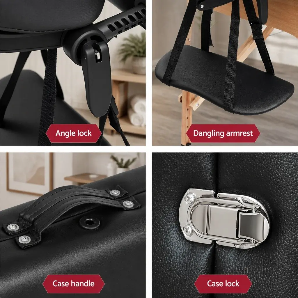 Portable Massage Table Black 70cm 2 Fold Wooden High Density Foam Padding Adjustable Heights