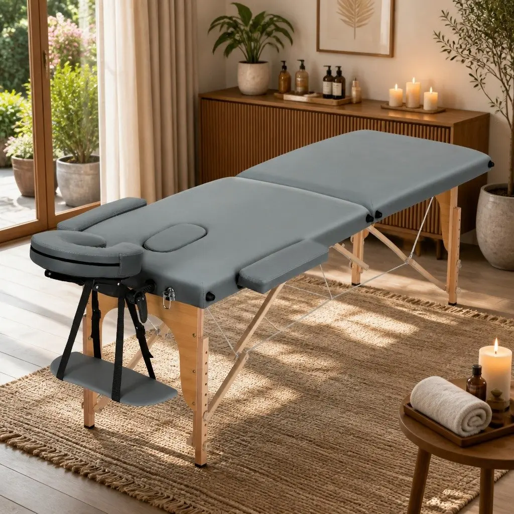 Massage Table Grey 56cm Portable 2 Fold Wooden Adjustable Height